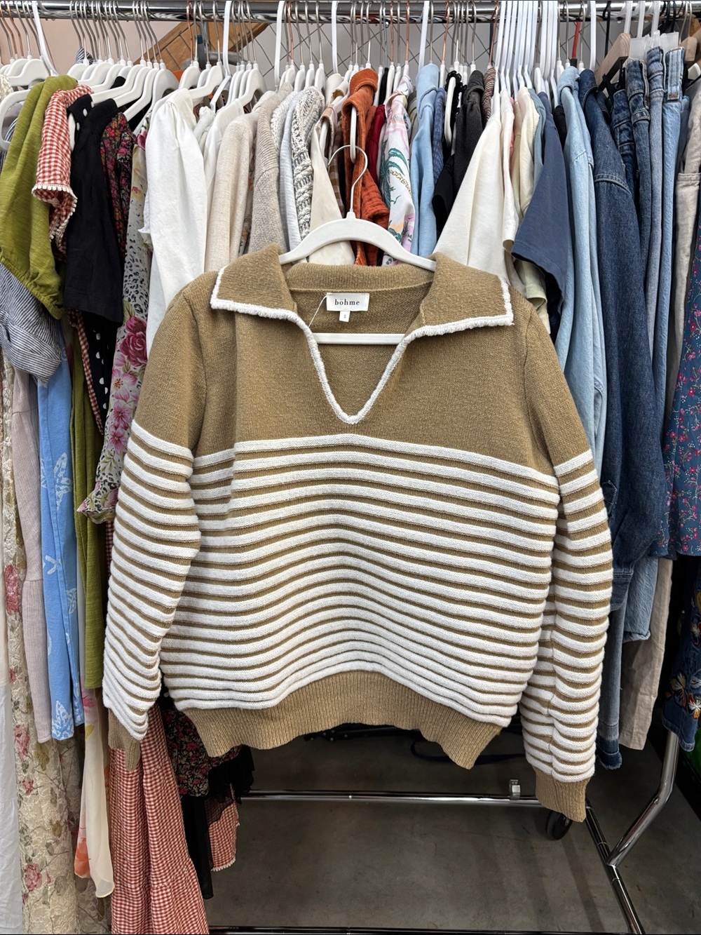 Bohme Striped Collar Pullover Sweater in Camel and Cream